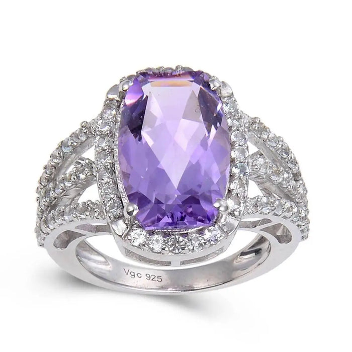 2.17 Ct Cushion Purple Amethyst and White Topaz Prong Silver Halo Statement Ring by Fine Color Jewels