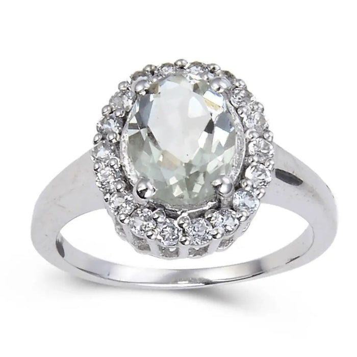 2.17 Ct Oval Green Amethyst and White Sapphire Prong Silver Halo Statement Ring by Fine Color Jewels