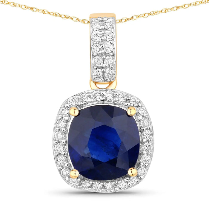 2.18 Ct Genuine Cushion Ceylon Blue Sapphire and Diamond 18K Yellow Gold Halo Pendant by Fine Color Jewels