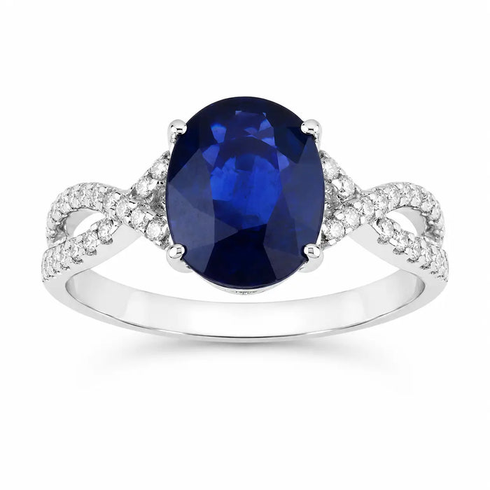 2.18 Ct Oval Ceylon Blue Sapphire and White Diamond Prong 18K White Gold Pave Crossover Engagement Ring by Fine Color Jewels