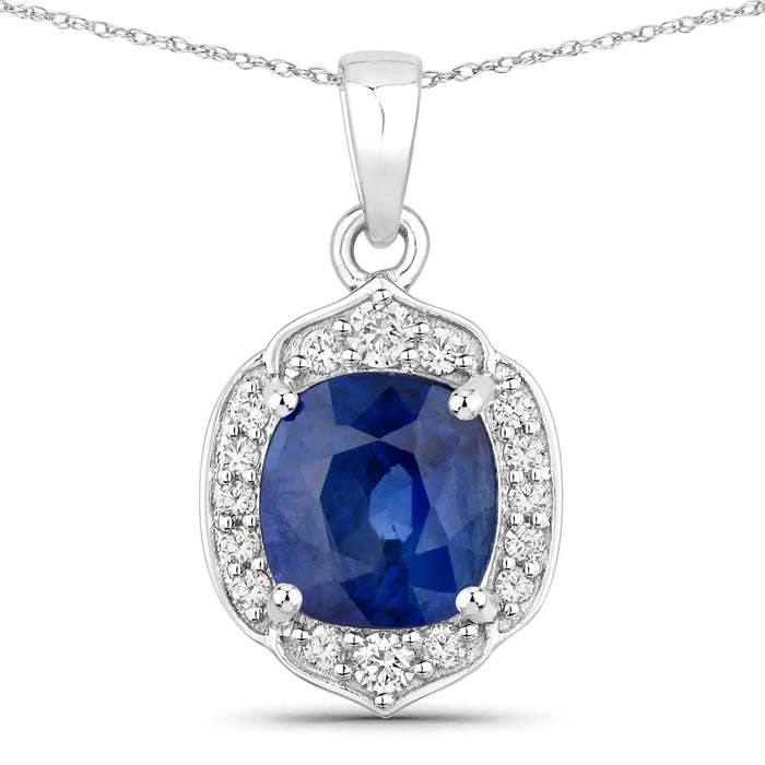 2.19 Ct Genuine Cushion Ceylon Blue Sapphire and Diamond 18K White Gold Halo Pendant by Fine Color Jewels