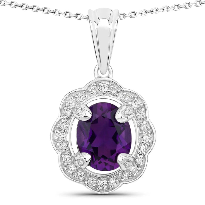 2.20 Ct Oval Purple Amethyst & Lab Diamond Prong Silver Halo Statement Pendant Necklace by Fine Color Jewels