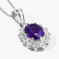 2.20 Ct Oval Purple Amethyst & Lab Diamond Prong Silver Halo Floral Pendant Necklace by Fine Color Jewels