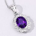 2.20 Ct Oval Purple Amethyst & Lab Diamond Prong Silver Halo Floral Pendant Necklace by Fine Color Jewels
