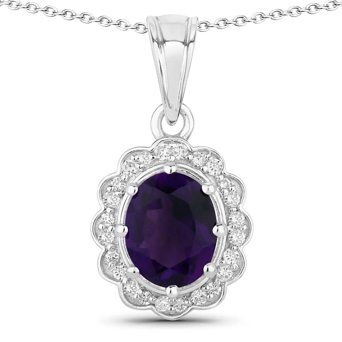 2.20 Ct Oval Purple Amethyst & Lab Diamond Prong Silver Halo Floral Pendant Necklace by Fine Color Jewels