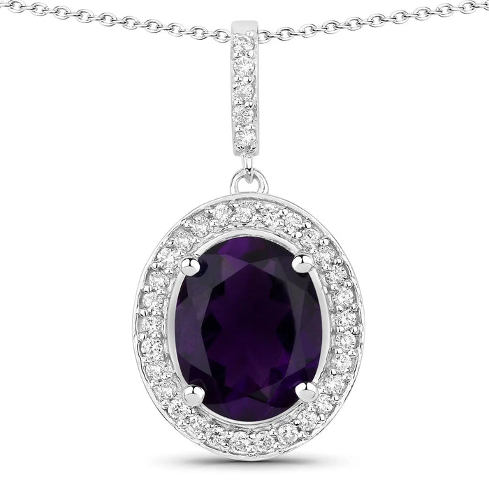 2.20 Ct Oval Purple Amethyst & Lab Diamond Prong Silver Halo Pendant Necklace by Fine Color Jewels