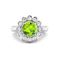 2.21 Ct Round Green Peridot and White Diamond Prong Silver Halo Floral Ring by Fine Color Jewels
