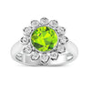 2.21 Ct Round Green Peridot and White Diamond Prong Silver Halo Floral Ring
