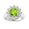 2.21 Ct Round Green Peridot and White Diamond Prong Silver Halo Floral Ring by Fine Color Jewels