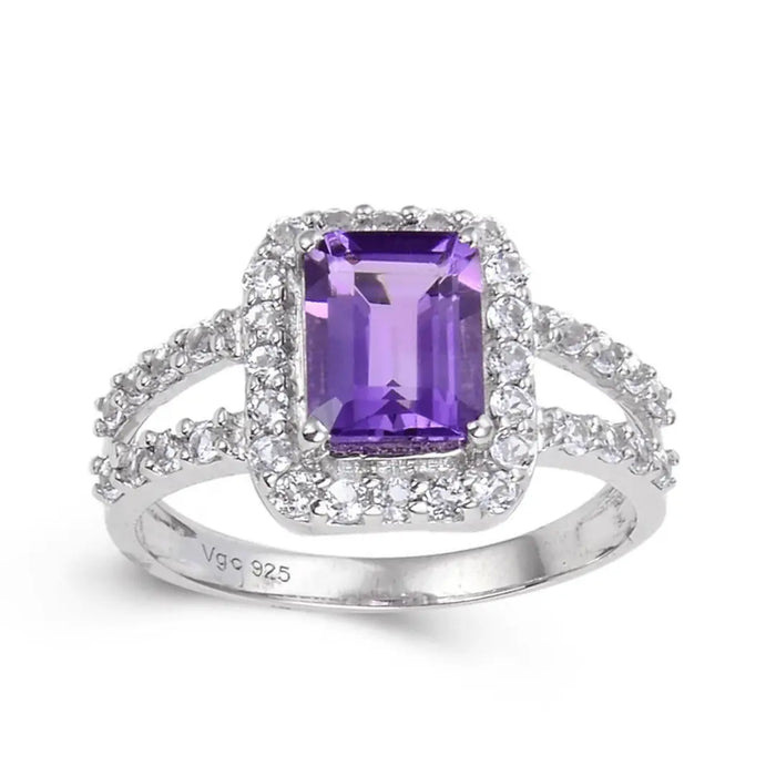 2.22 Ct Octagon Purple Amethyst and White Topaz Prong Silver Split Band Ring by Fine Color Jewels
