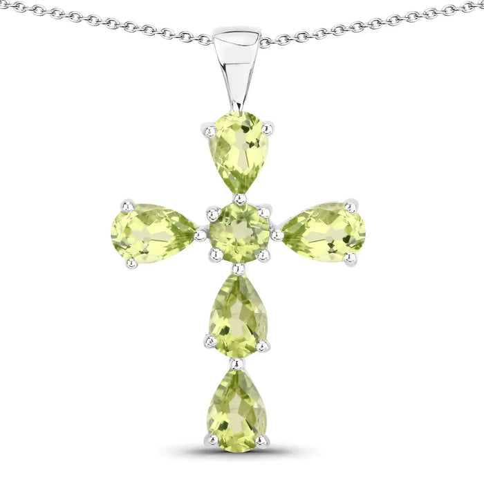 2.24 Ct Green Peridot Prong Silver Cross Pendant Necklace by Fine Color Jewels