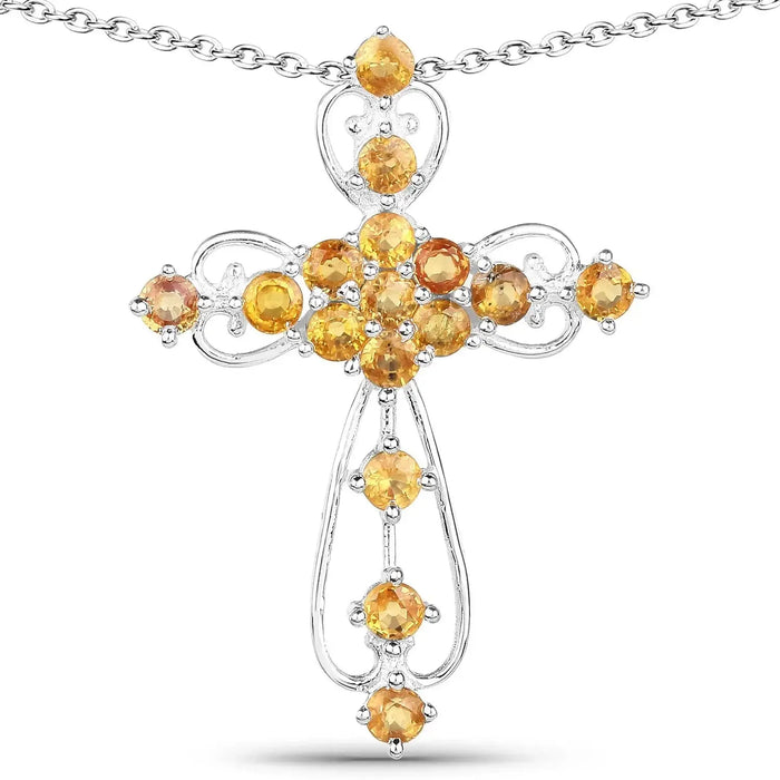 2.24 CTTW Round Yellow Sapphire Prong Silver Cross Pendant Necklace by Fine Color Jewels