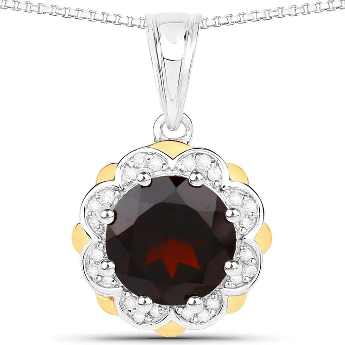 2.25 Ct Round Red Garnet and Diamond Prong Silver Floral Pendant Necklace by Fine Color Jewels
