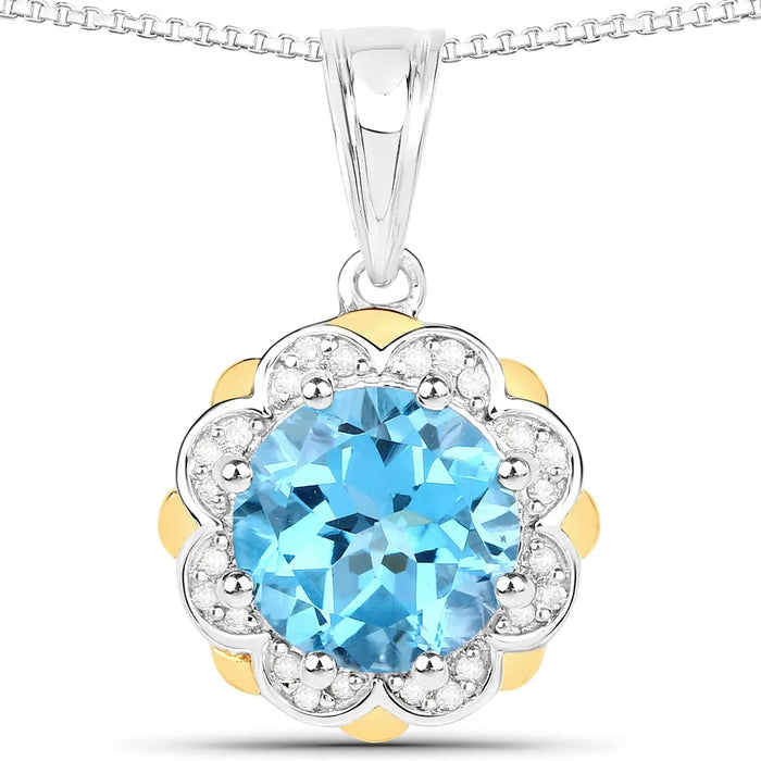 2.25 Ct Round Swiss Blue Topaz and Diamond Prong Silver Floral Pendant Necklace by Fine Color Jewels