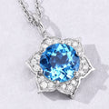 2.25 Ct round Swiss Blue Topaz and Lab Diamond prong Silver flower pendant Necklace by Fine Color Jewels