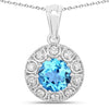 2.25 Ct round Swiss Blue Topaz & Lab Diamond prong Silver Halo pendant Necklace