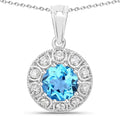 2.25 Ct round Swiss Blue Topaz & Lab Diamond prong Silver Halo pendant Necklace by Fine Color Jewels