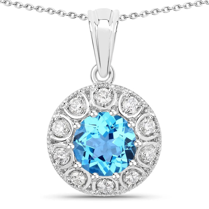 2.25 Ct round Swiss Blue Topaz & Lab Diamond prong Silver Halo pendant Necklace by Fine Color Jewels