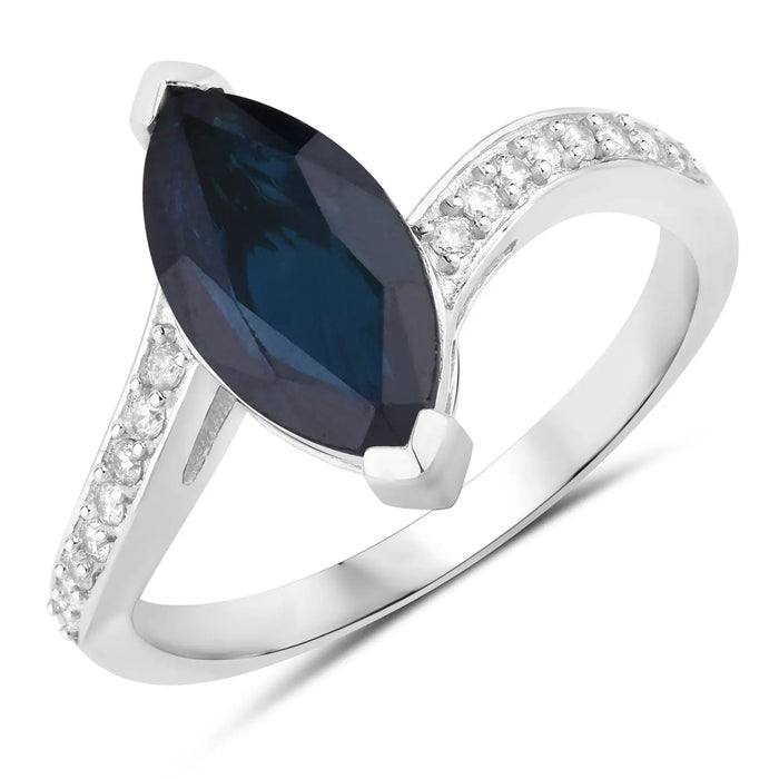 2.26ct Marquise Blue Sapphire and White Diamond Prong 14K White Gold Bypass Engagement Ring by Fine Color Jewels