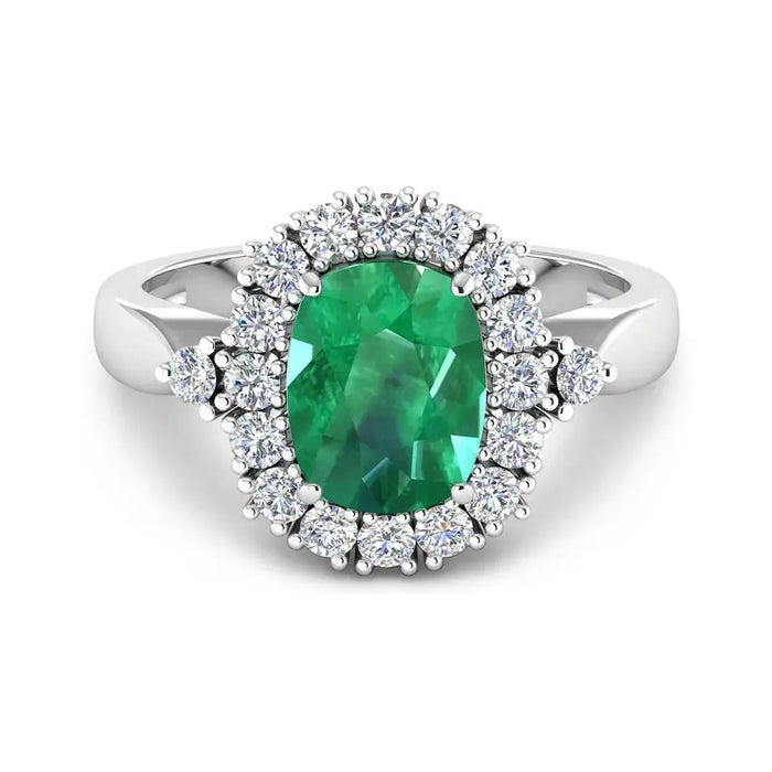2.28 Ct Cushion Green Zambian Emerald and White Diamond prong 14k Gold Halo Statement Ring by Fine Color Jewels