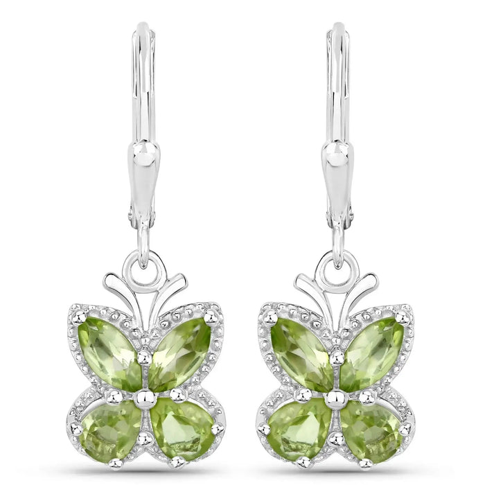 2.28 Ct Green Peridot Prong Silver Butterfly Leverback Earrings by Fine Color Jewels