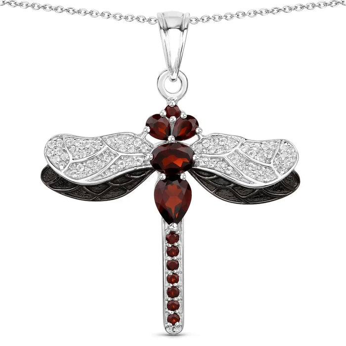 2.29 Ct Red Garnet Prong Silver Dragonfly Pendant Cable Chain Necklace by Fine Color Jewels