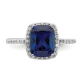 2.3 Ct Cushion Blue Created Sapphire & CZ Prong Rhodium-Plated Silver Halo Pave Band Ring by Fine Color Jewels