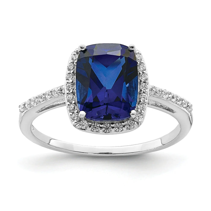2.3 Ct Cushion Blue Created Sapphire & CZ Prong Rhodium-Plated Silver Halo Pave Band Ring by Fine Color Jewels