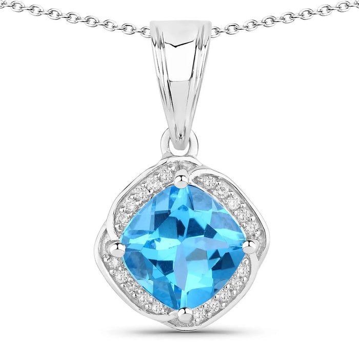 2.30 Ct Cushion Swiss Blue Topaz and Lab Diamond Prong Silver Halo pendant Necklace by Fine Color Jewels