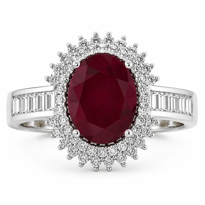 2.30 Ct Oval Pink Ruby & White Diamond Prong 14K White Gold Halo Cocktail Ring by Fine Color Jewels