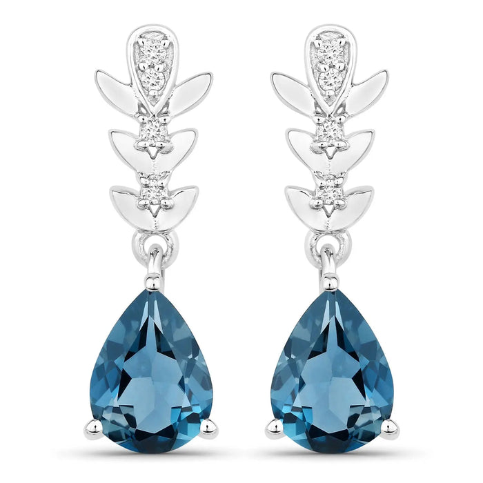 2.30 Ct Pear Deep Blue London Blue Topaz & Lab Diamond Prong Silver Teardrop Dangle Earrings by Fine Color Jewels