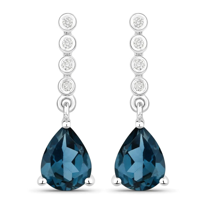 2.30 Ct Pear Deep Blue London Blue Topaz & Lab Diamond Prong Silver Teardrop Dangle Earrings by Fine Color Jewels