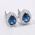 2.30 Ct Pear London Blue Topaz & Lab Diamond Prong Silver Halo Stud Earrings by Fine Color Jewels