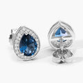 2.30 Ct Pear London Blue Topaz & Lab Diamond Prong Silver Halo Stud Earrings by Fine Color Jewels