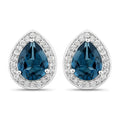 2.30 Ct Pear London Blue Topaz & Lab Diamond Prong Silver Halo Stud Earrings by Fine Color Jewels