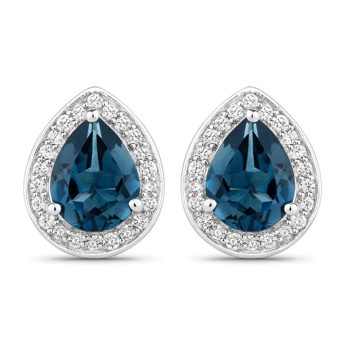 2.30 Ct Pear London Blue Topaz & Lab Diamond Prong Silver Halo Stud Earrings by Fine Color Jewels