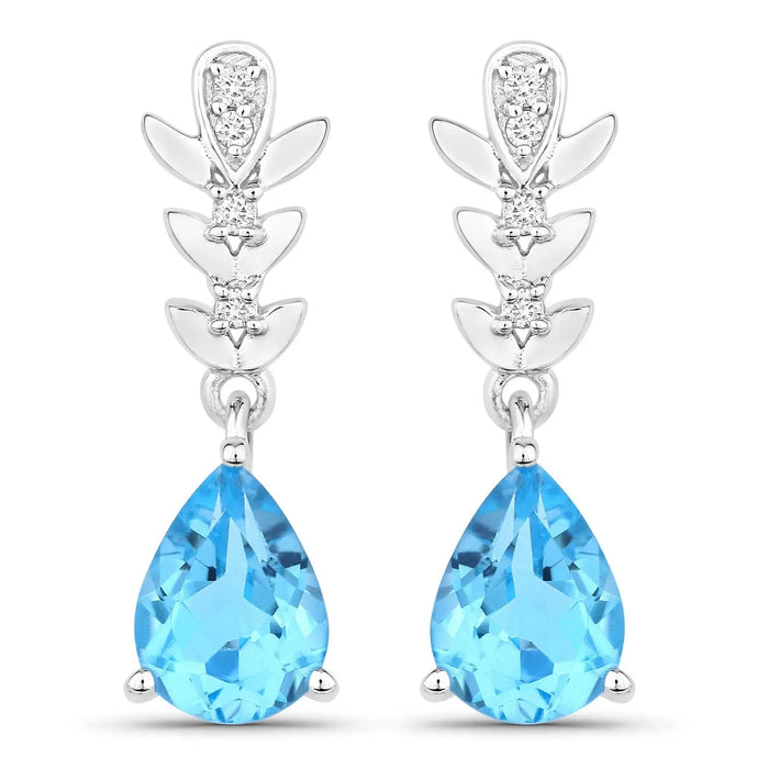 2.30 Ct Pear Swiss Blue Topaz & Lab Diamond Prong Silver Teardrop Dangle Earrings by Fine Color Jewels