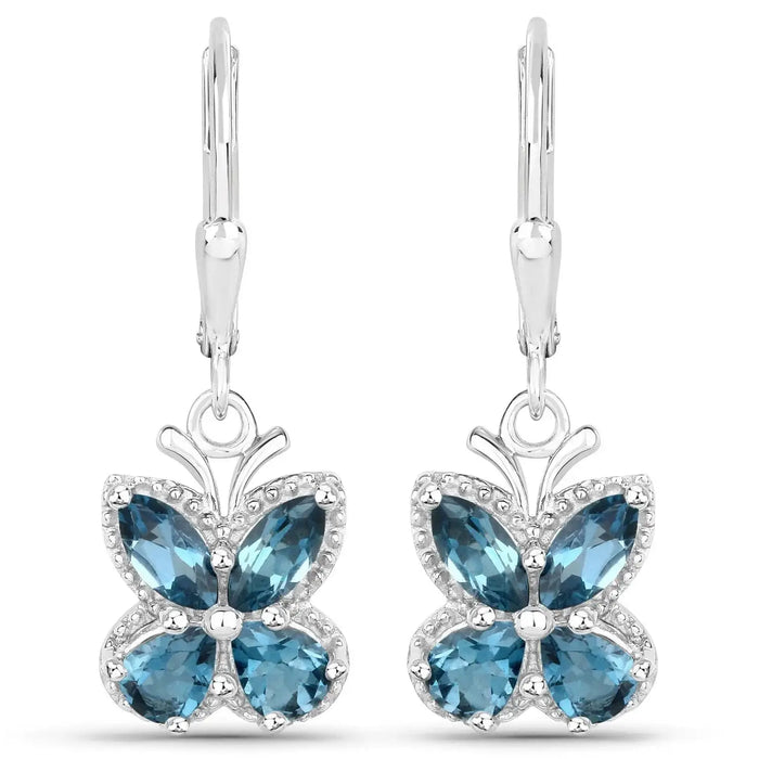 2.32 Ct London Blue Topaz Prong Silver Butterfly Leverback Earrings by Fine Color Jewels