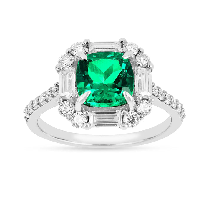 2.34 Ct Cushion Green Colombian Lab Created Emerald and Moissanite Prong Silver Halo Engagement Ring by Fine Color Jewels