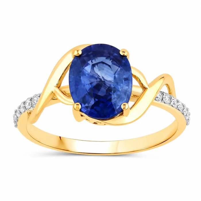 2.34 Ct Oval Ceylon Blue Sapphire and White Diamond Prong 18K Yellow Gold Pave Crossover Ring by Fine Color Jewels