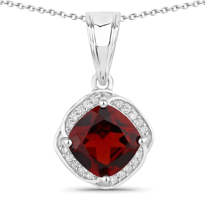 2.35 Ct Cushion Red Garnet and Lab Diamond Prong Silver Halo pendant Necklace by Fine Color Jewels