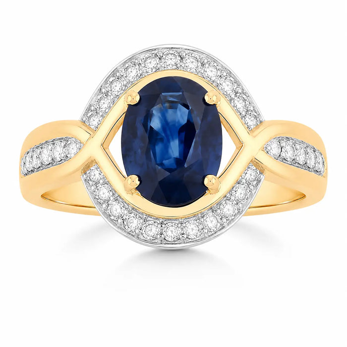 2.37 Ct Oval Ceylon Blue Sapphire and White Diamond Prong 18K Yellow Gold Pave Halo Statement Ring by Fine Color Jewels