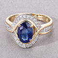 2.37 Ct Oval Ceylon Blue Sapphire and White Diamond Prong 18K Yellow Gold Pave Halo Statement Ring by Fine Color Jewels