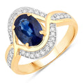 2.37 Ct Oval Ceylon Blue Sapphire and White Diamond Prong 18K Yellow Gold Pave Halo Statement Ring by Fine Color Jewels
