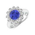 2.38 Ct Round Violet Tanzanite and White Diamond Prong 14k Gold Halo Statement Floral Ring by Fine Color Jewels