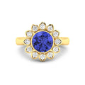 2.38 Ct Round Violet Tanzanite and White Diamond Prong 14k Gold Halo Statement Floral Ring by Fine Color Jewels