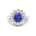 2.38 Ct Round Violet Tanzanite and White Diamond Prong 14k Gold Halo Statement Floral Ring by Fine Color Jewels