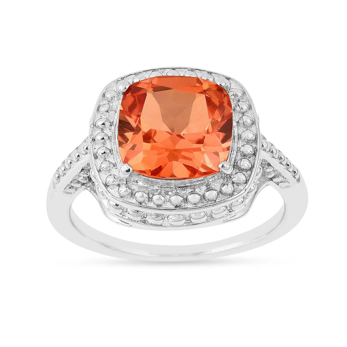 2.39 Ct Cushion Lab Created Peach Sapphire Prong Silver Halo Statement Ring by Fine Color Jewels