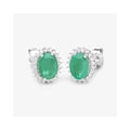 2.40 Ct Oval Green Zambian Emerald & Diamond Prong 10K Gold Halo Stud Earrings by Fine Color Jewels