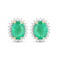 2.40 Ct Oval Green Zambian Emerald & Diamond Prong 10K Gold Halo Stud Earrings by Fine Color Jewels